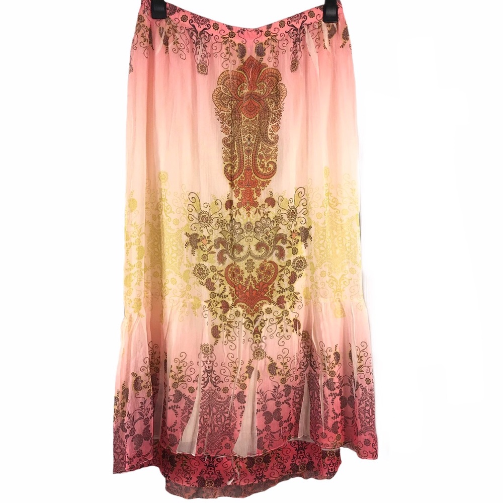 Boho Pink Yellow Flowing High Low Skirt